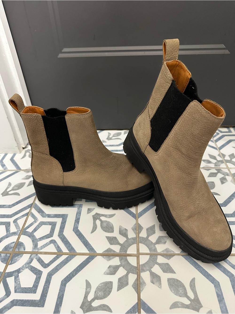 Lucky Brand Taupe Chelsea Booties with Black Elastic